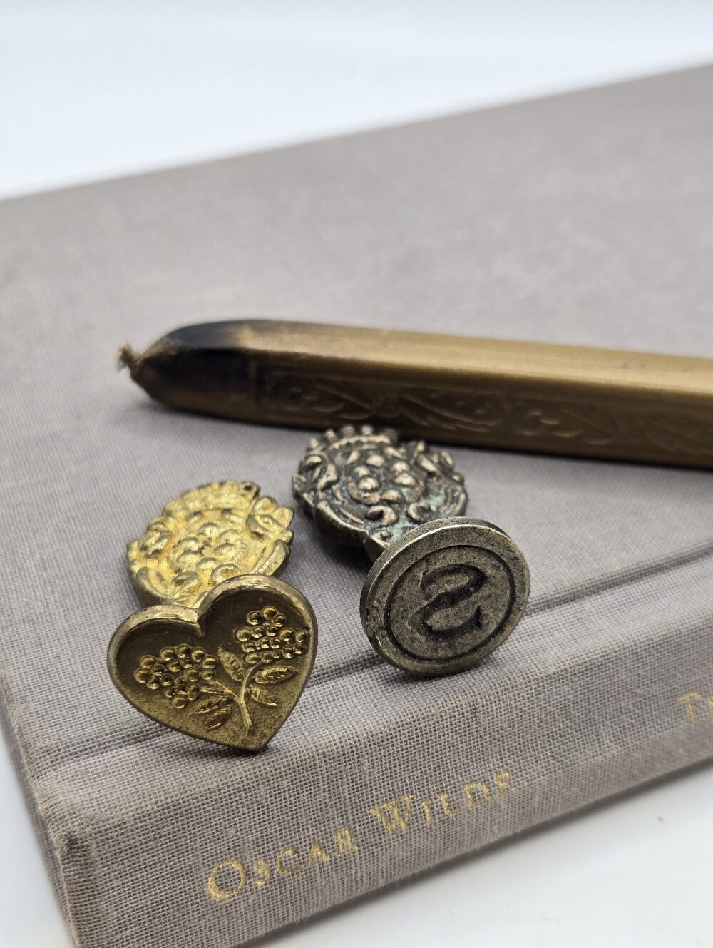 Vintage Script Letter S Wax Seal Stamp Monogram Gold Tone Brass & Flower Set